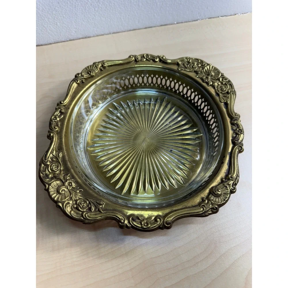 Vintage Brass Gallery Tray Ornate Floral‎ Rim Starburst Cut Glass Insert